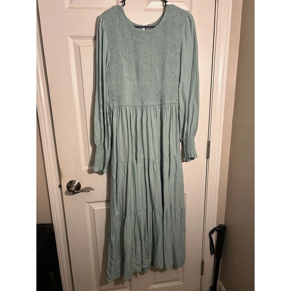 Zesica Sage Green Smocked Tiered Maxi Dress Long Sleeve Large